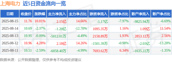 配操盘 异动快报：上海电力（600021）8月15日13点27分触及涨停板